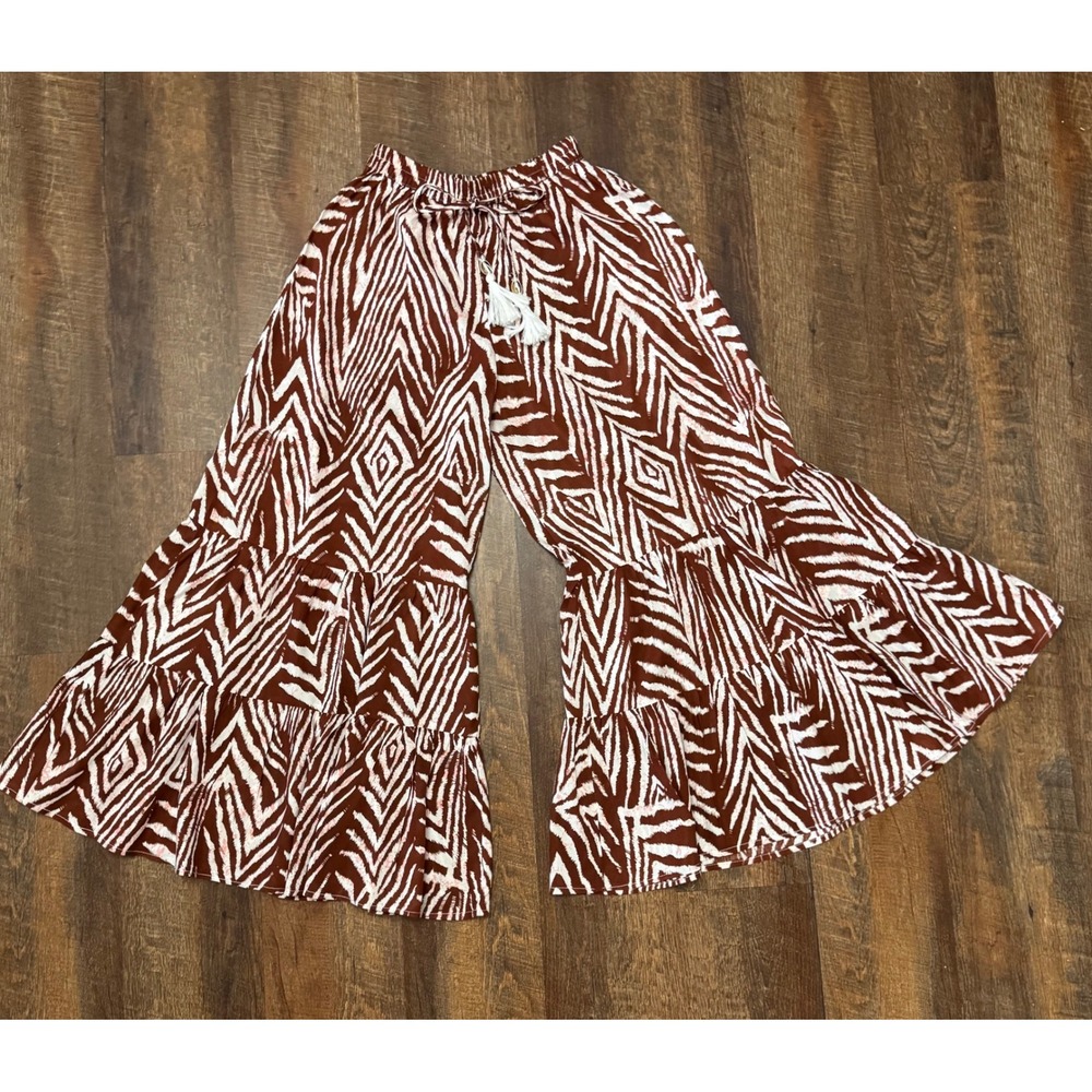 Free Destination Boho Ruffle Bell Bottom Palazzo Pants Brown Ivory M